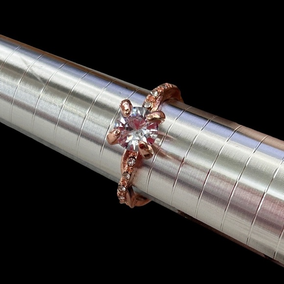 Rose Gold Solitaire Simulated Zircon Ring Fashion Dinner Cocktail Side Stones - Picture 4 of 13